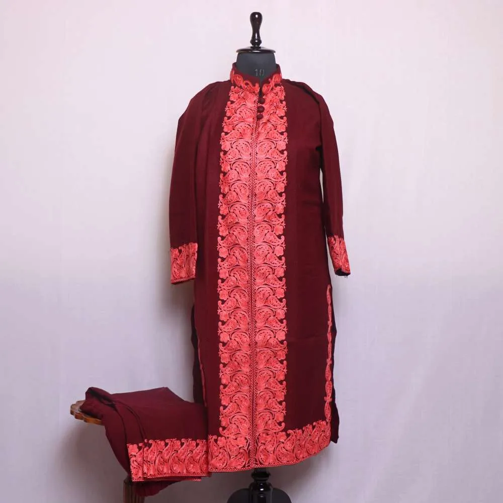Maroon Woolen Long length Coord set With Heavy Kashmiri Embroidered Shrug main image 0