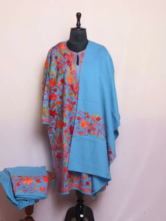 Rukhsar Sky Blue Cashmilon Pheran Coord Set 3pc- Classic All Over Aari Embroidery