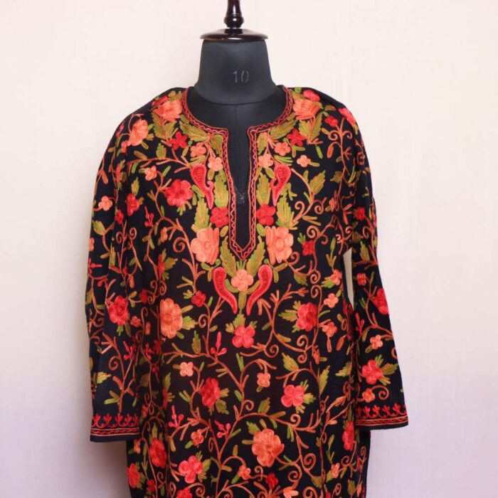 Black Saira Cashmilon Pheran Coord Set 3pc - All Over Aari Embroidery - Image 2