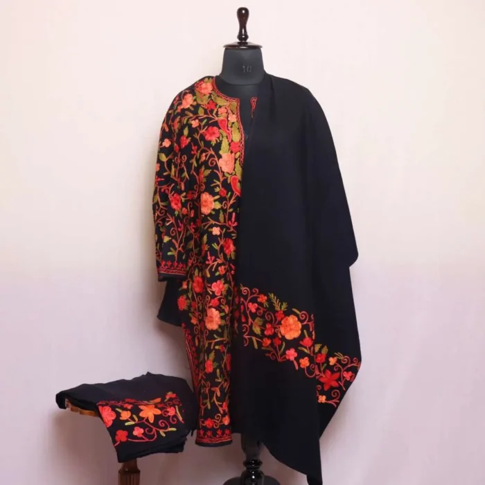 Black Saira Cashmilon Pheran Coord Set 3pc - All Over Aari Embroidery