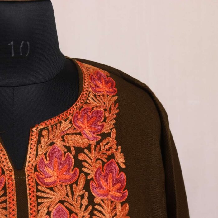 Nazira Brown Cashmilon Pheran with Floral Aari Embroidered Details - Image 3