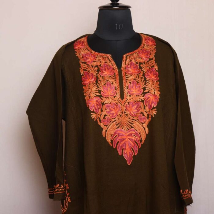 Nazira Brown Cashmilon Pheran with Floral Aari Embroidered Details