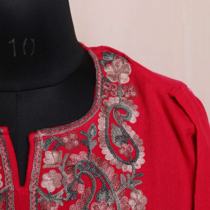 Lubna Hot Pink Cashmilon Pheran with Aari Embroidered Details - Image 3