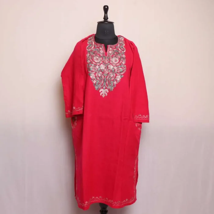 Lubna Hot Pink Cashmilon Pheran with Aari Embroidered Details - Image 2