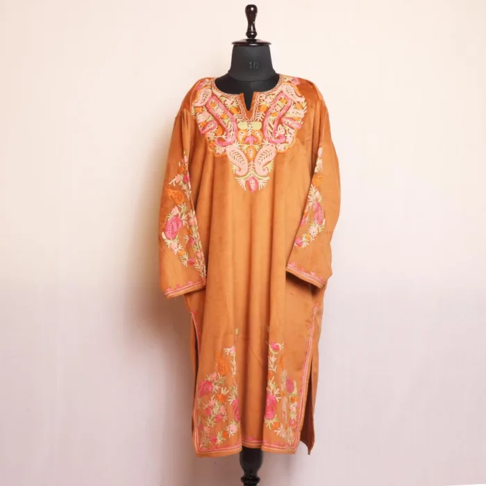 Nazia Velvet Mustard Kashmiri Pheran - Sleeve and Border Aari Embroiderey