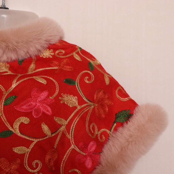 Kashmiri Red Aari Embroidery Fur Kids Poncho - Image 2