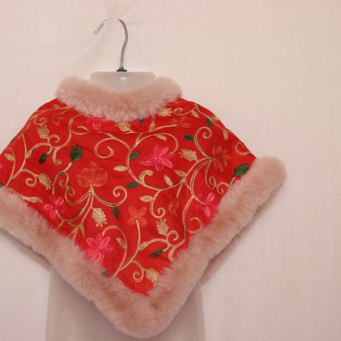 Kashmiri Red Aari Embroidery Fur Kids Poncho