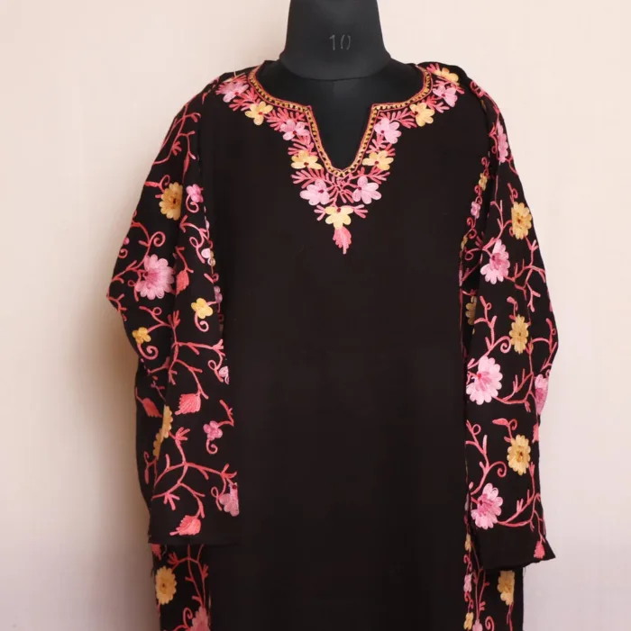 Ameena Black Raffal Pheran With Heavy Front & Back Side and Sleeve Embroidery