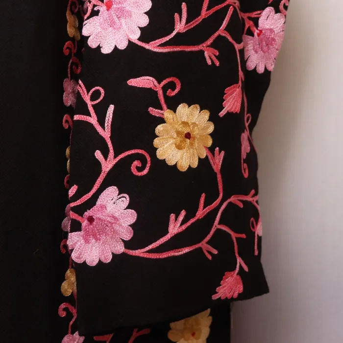 Ameena Black Raffal Pheran With Heavy Front & Back Side and Sleeve Embroidery - Image 3