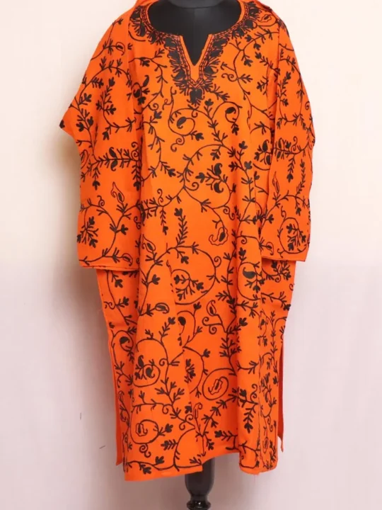 Hina's Orange Raffal Pheran With All Over Jaal Embroidery
