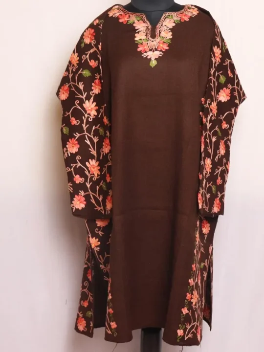 Aisha Brown Raffal Wool Pheran With Heavy Front & Back Side and Sleeve Embroidery