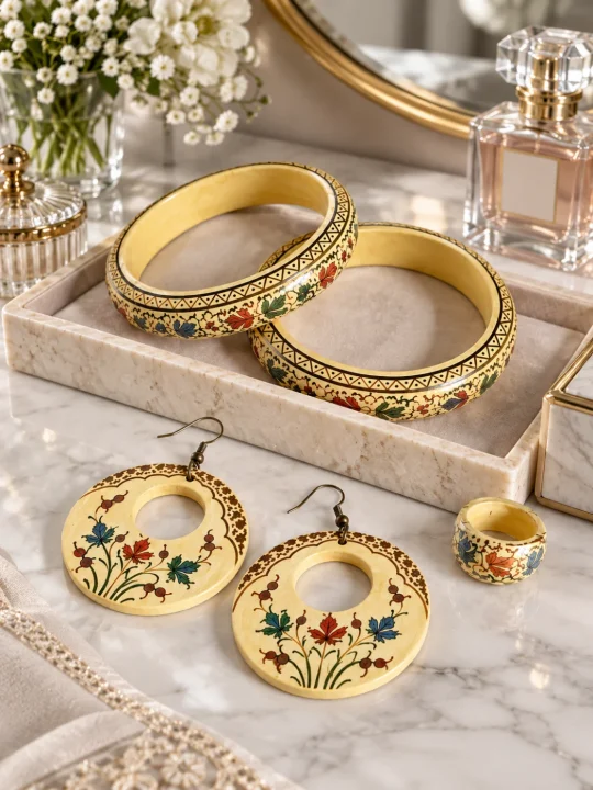 Yellow Beautiful Paper Mache Jewelry Set | Earrings, Bangles, and Ring