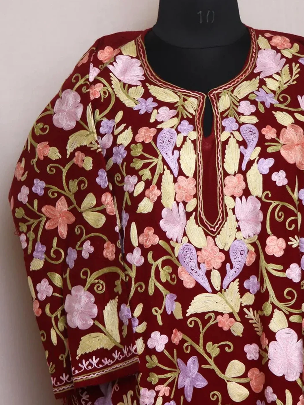 Nusrat Maroon Kashmilon Pheran with All - Over Aari Embroidery - Image 2