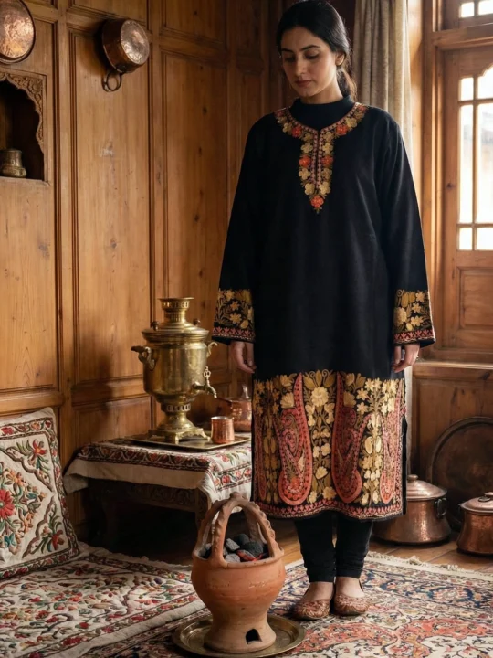 Black Raffal Wool Pheran With Heavy Sleeve & Border Embroidery - Firdous Collection