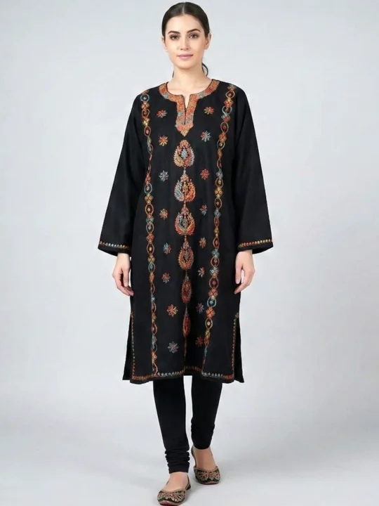 Khanam Designer Pheran- Black Raffal With Kashmiri Sozni Handwork