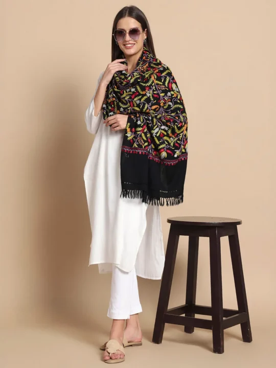Black Hand Aari Embroidered Pure Wool Stole – Kashmiri Craftsmanship