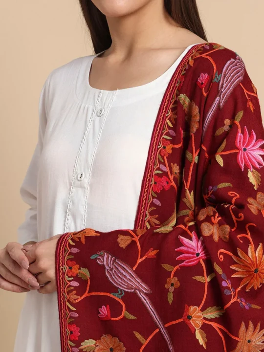 Burgundy Hand Aari Embroidered Pure Wool Stole – Kashmiri Craftsmanship