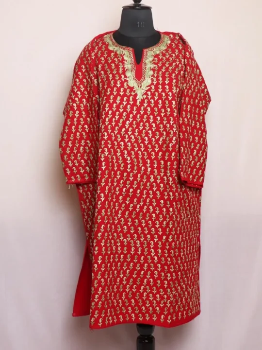Sadaf Red Cashmilon Pheran with All - Over Aari Embroidery