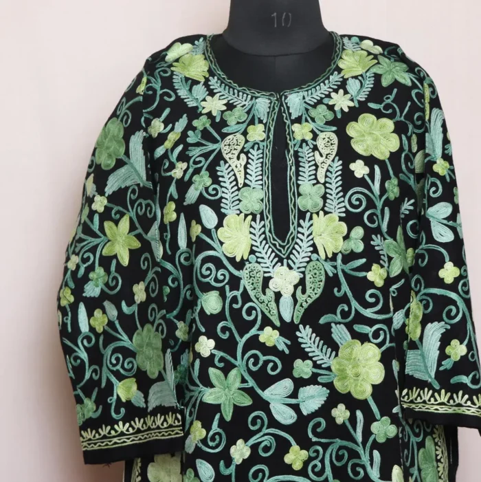 Mehbooba Kashmiri Black Cashmilon Pheran with Floral Aari Embroidery - Image 2