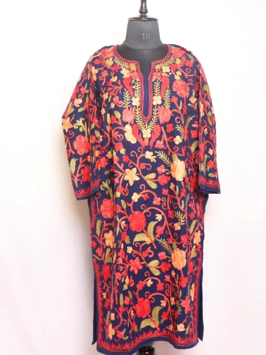Midnight Blue Cashmilon Pheran with Traditional Aari Work