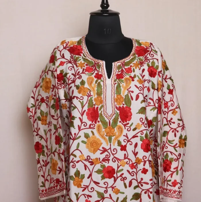 Shirin White Cashmilon Pheran with Elegent Aari Design - Image 2