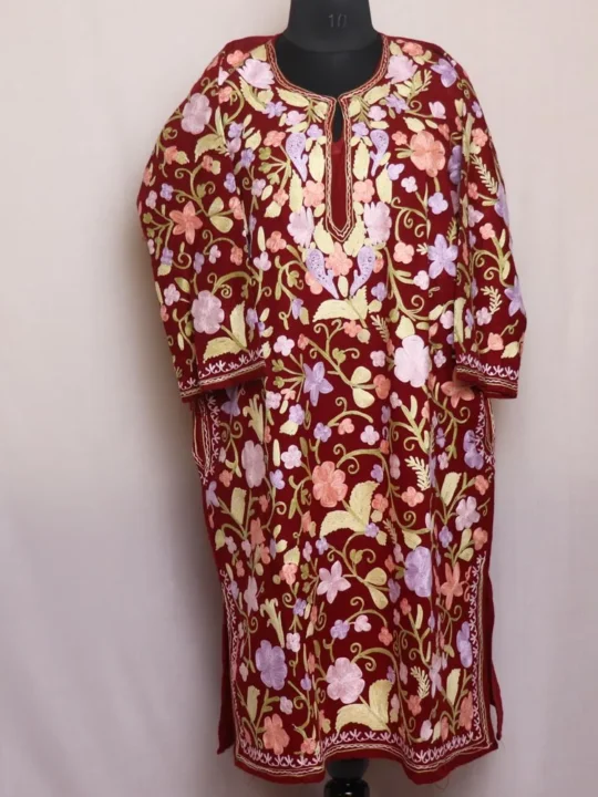 Nusrat Maroon Kashmilon Pheran with All - Over Aari Embroidery