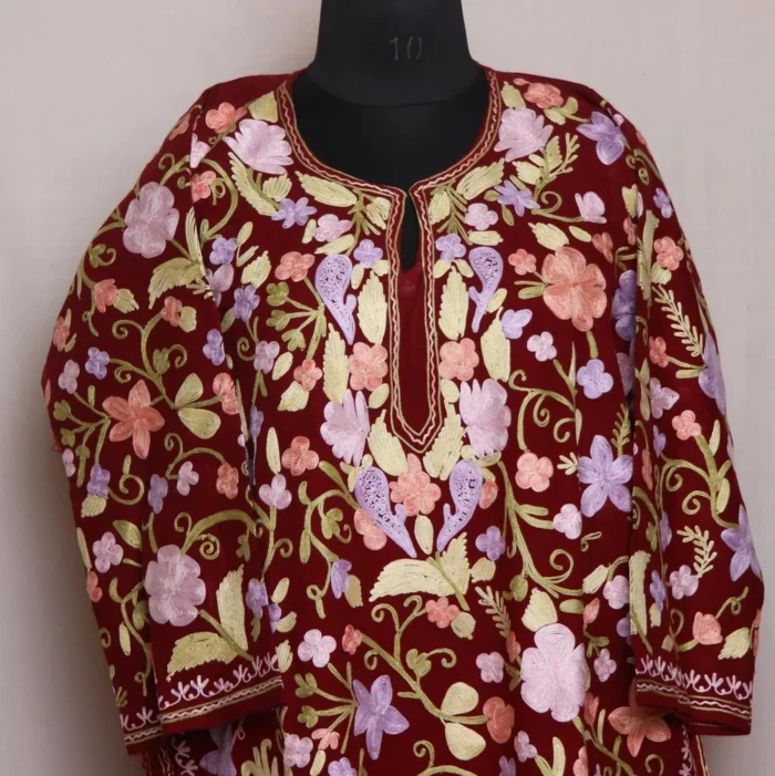 Nusrat Maroon Kashmilon Pheran with All - Over Aari Embroidery - Image 2