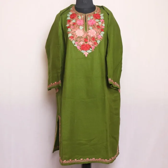 Mehndi Green Cashmilon Pheran with Elegant Aari Embroidery