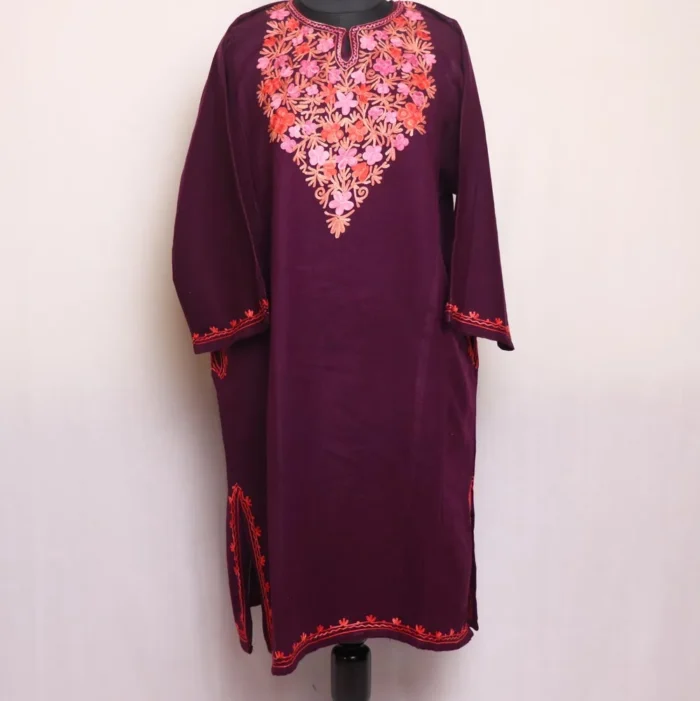 Tahira Wine Cashmilon Pheran - Refined Aari Embroidery