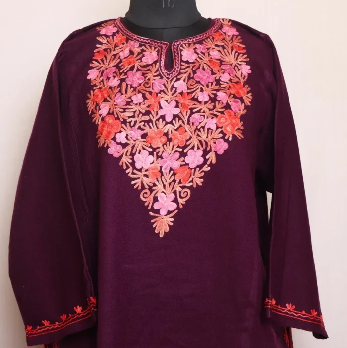 Tahira Wine Cashmilon Pheran - Refined Aari Embroidery - Image 2