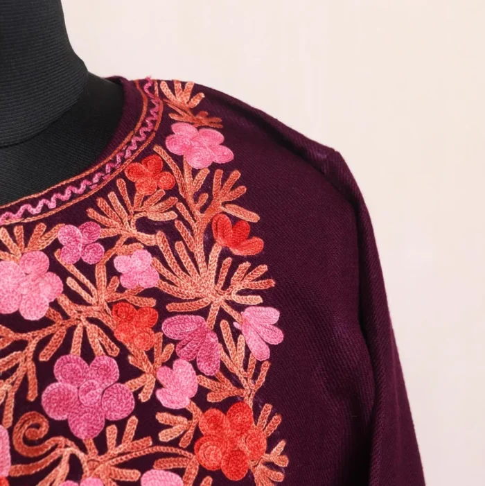 Tahira Wine Cashmilon Pheran - Refined Aari Embroidery - Image 3