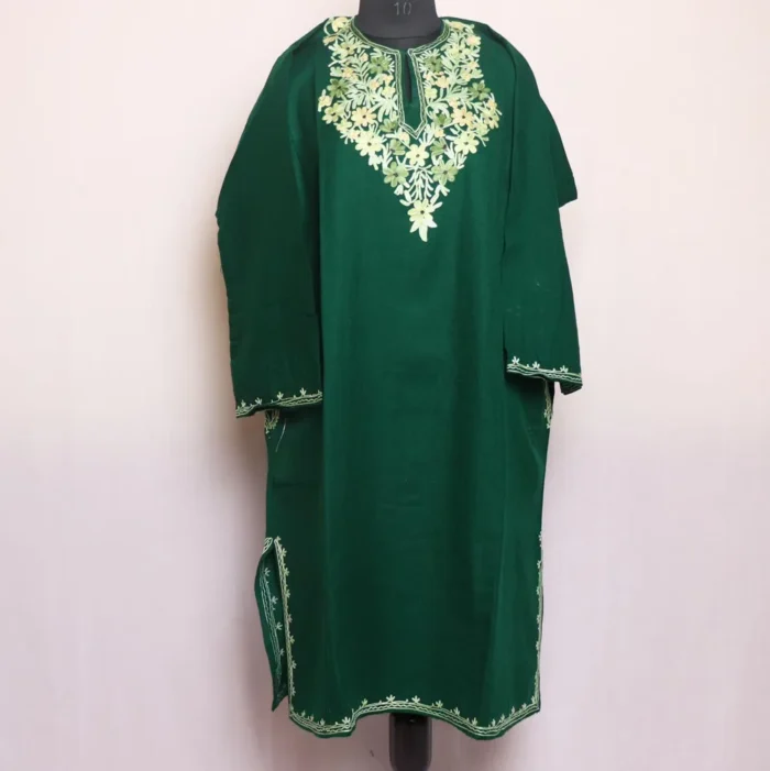 Ayesha Dark Green Cashmilon Pheran with Beautiful Aari Pattern