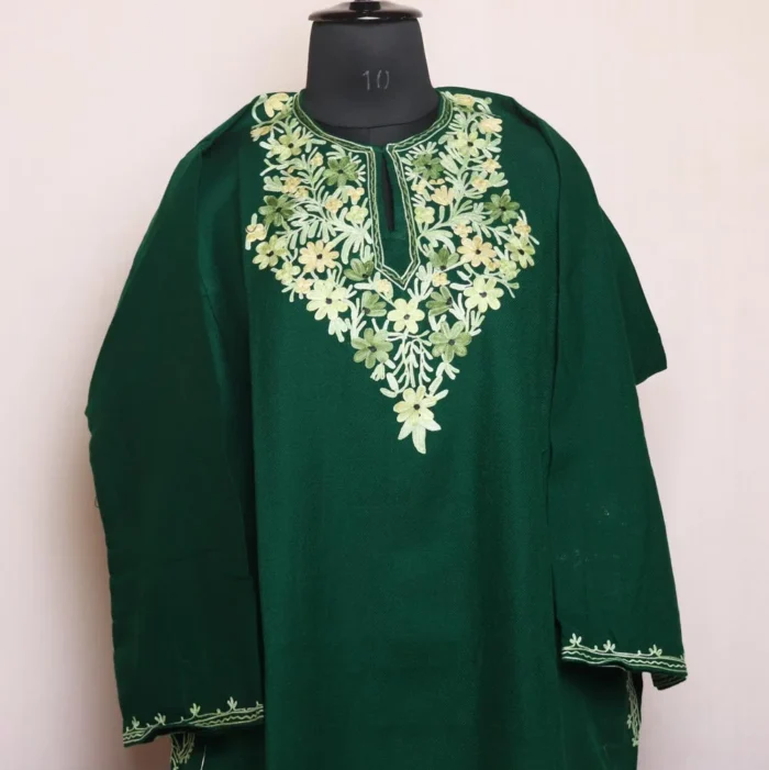 Ayesha Dark Green Cashmilon Pheran with Beautiful Aari Pattern - Image 2