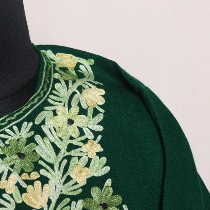 Ayesha Dark Green Cashmilon Pheran with Beautiful Aari Pattern - Image 3