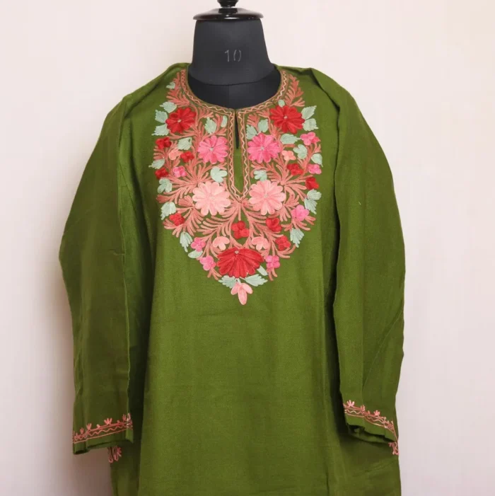 Mehndi Green Cashmilon Pheran with Elegant Aari Embroidery - Image 2