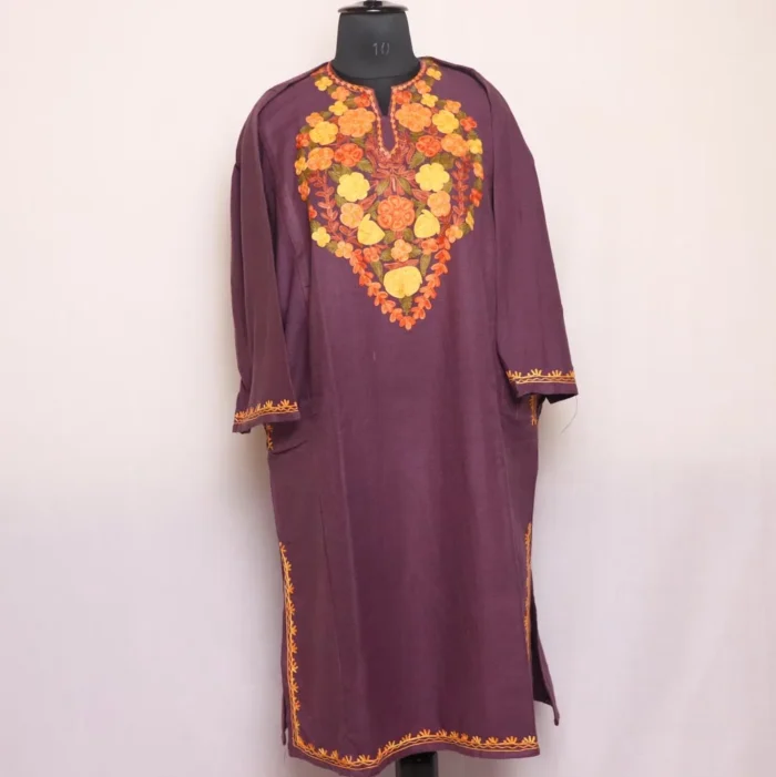 Zara Purple Cashmilon Pheran - Delicate Aari Work