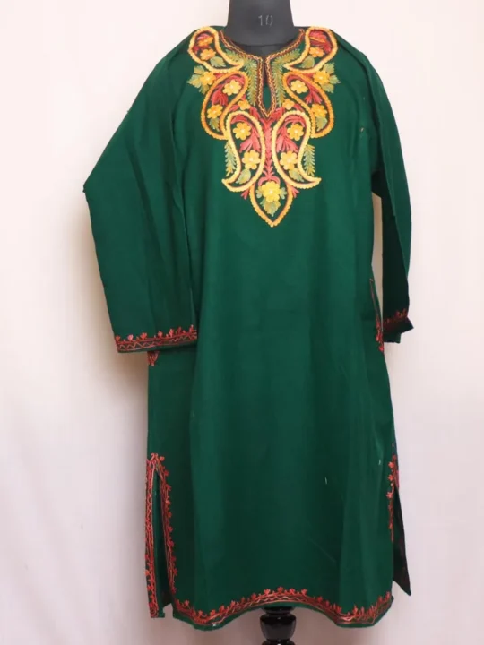 Nazneen Green Cashmilon Pheran with Intricate Aari Embroidery