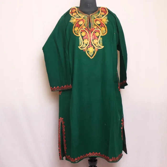 Nazneen Green Cashmilon Pheran with Intricate Aari Embroidery