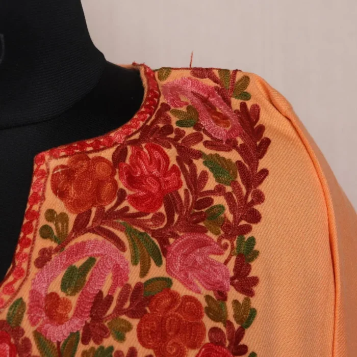 Shaista Peach Colored Cashmilon Pheran with Elegent Aari Embroidery - Image 3
