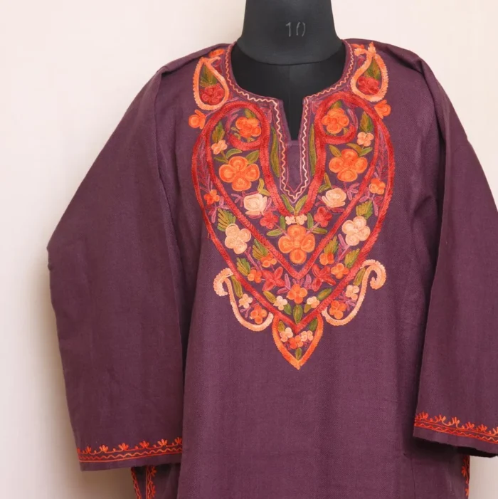 Nargis Midnight Pink Cashmilon Pheran with Rich Aari Embroidery - Image 2