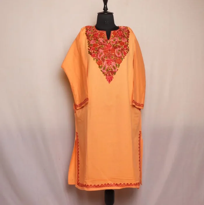 Shaista Peach Colored Cashmilon Pheran with Elegent Aari Embroidery