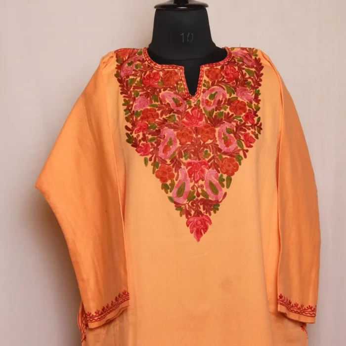Shaista Peach Colored Cashmilon Pheran with Elegent Aari Embroidery - Image 2
