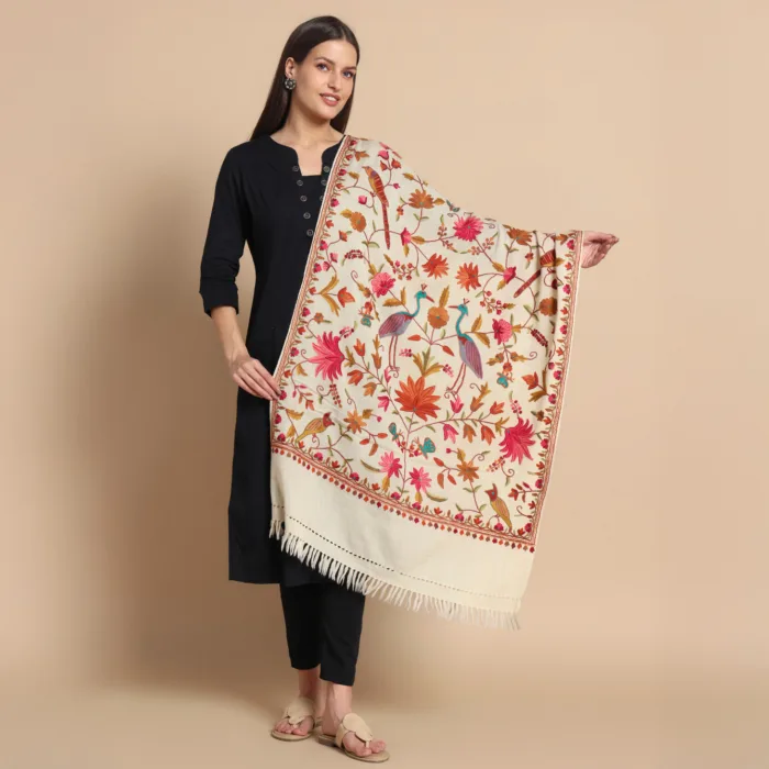 Cream Hand Aari Embroidered Pure Wool Stole – Kashmiri Craftsmanship - Image 3