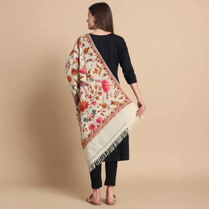 Cream Hand Aari Embroidered Pure Wool Stole – Kashmiri Craftsmanship - Image 2