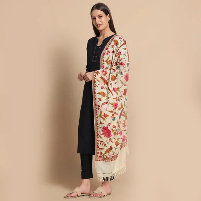 Cream Hand Aari Embroidered Pure Wool Stole – Kashmiri Craftsmanship - Image 5