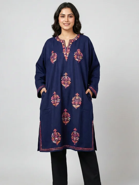 Dark Blue Raffal Pheran with Hand Sozni Embroidery