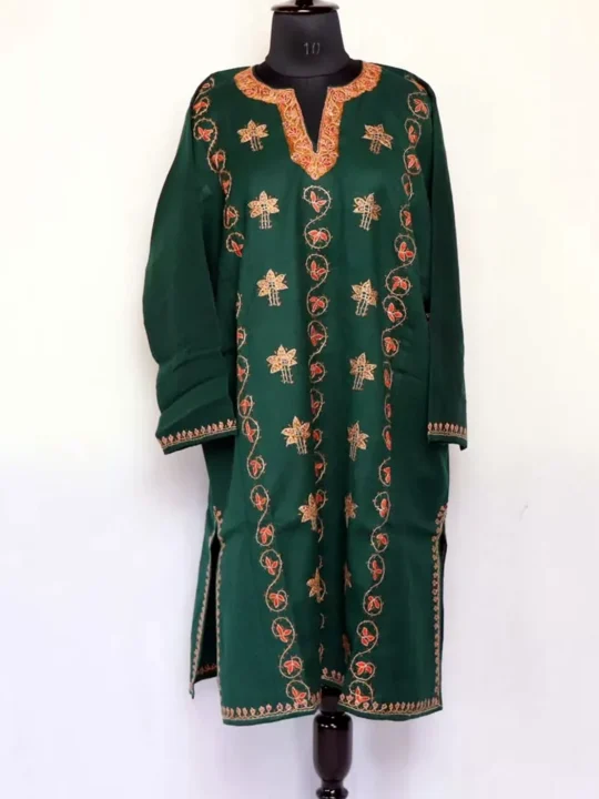 Naira Designer Pheran- Dark Green Raffal With Kashmiri Sozni Handwork