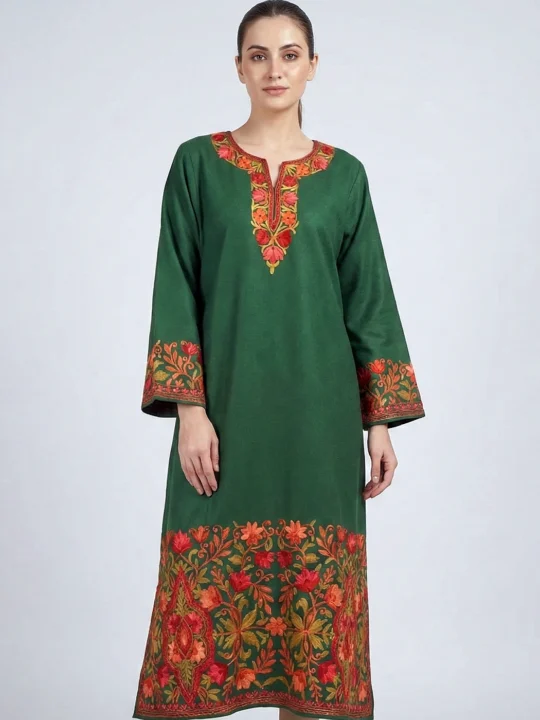Green Raffal Pheran With Heavy Sleeve & Border Embroidery - Firdous Collection