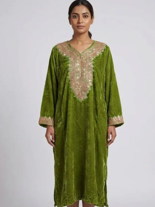 Olive Green Velvet Pheran With Detailed Tilla Embroidery - Shaheen Collection