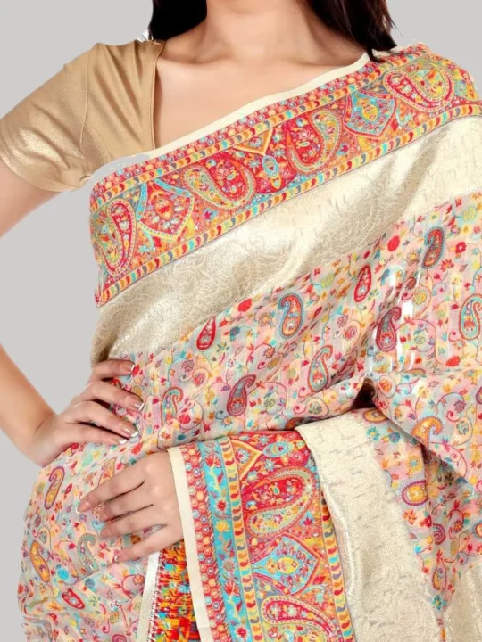 Sapphire Badami Design Cream Kashmiri Kani All over Saree
